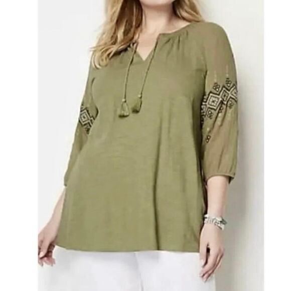 J. Jill Green‎ Mixed Media Embroidered Boho Peasant Tassel Tunic Top women’s 1X - Picture 1 of 11